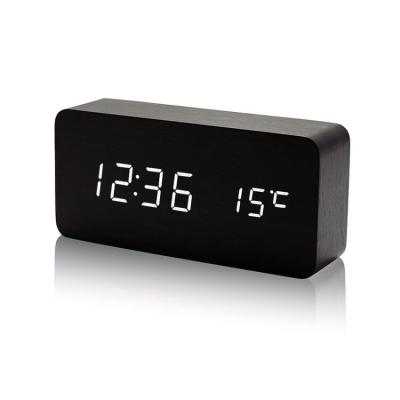 China Three Groups Wooden Led Digital Alarm Clock Voice Control USB Charging Time Date Temperature for sale