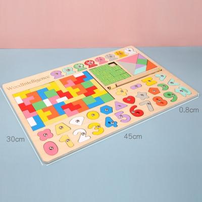 China Multi-function wooden wooden Russian board toy QINGTANG blocks puzzle matching wooden number shape puzzle tangram puzzle for sale