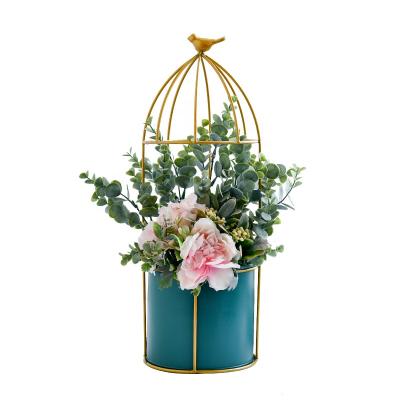 China New Metal Wrought Iron New Birdcage Gold Flower Vase Classic/Postmodern Creative Decorative Flower Arrangement In Ornaments With Artificial Flowers for sale