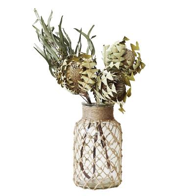 China Retro Country Garden Glass Vase American Pastoral Handmade Rope Grid Dried Flower Decorative Vase Hydroponic Vase for sale