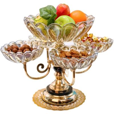 China Europe modern round 2 and 3 layer decorative glass fruit tray with copper holder crystal candy dish 360 degree rotating fruit dish for sale