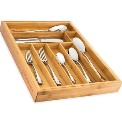 China Desk Storage Box or Drawer Organizer Divider Set 8 Compartment Organizer Adjustable Natural Bamboo Cutlery Serving Tray for sale