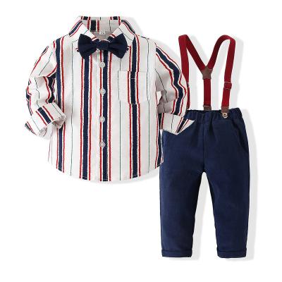 China Casual Toddler Baby Boys Long Wrapped Bow Tie T-shirt Gentleman Clothes Suspenders Pants Two Piece Set for sale