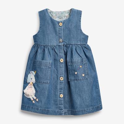 China 2021 Summer Design Unicorn Embroidery Cotton Sleeveless Girl Breathable Denim Casual Dress for sale