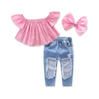 China Casual Girls Sets Kids Ripped Jeans 2Pcs Off The Shoulder Pink Top Summer Children Girl Clothes Set for sale