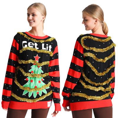 China Anti-Wrinkle Custom Knitted Acrylic Ugly Christmas Led Sweater Deer Funny Christmas Sweater With Led Christmas Lights Jumper With Led Lights for sale