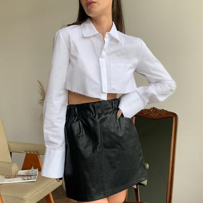 China 2021 Latest Fashion Viable Asymmetric Thin Casual Women's Shirt Retro Long Sleeve Lapel Collar Short Shirt for sale