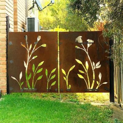 China Easily assembled laser cut corten steel garden gate with black powder coated posts for sale