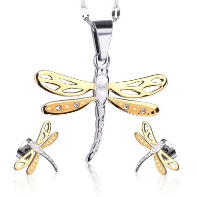 China Wholesale CLASSIC Crystal Craft Animal Hollow Dragonfly Silver And Gold Plated Jewelry Earrings Necklace Sets For Women for sale