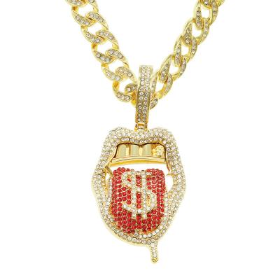 China Punk decorated with CUBAN CHAIN ​​NECKLACE pendant full of diamond three-dimensional dollar tongue for sale