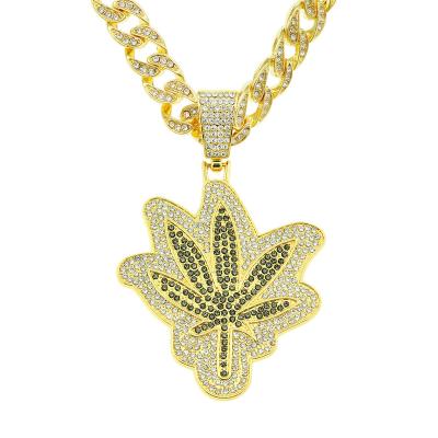 China Diamond Leaf Maple Leaf Pendant Necklace punk CUBAN CHAIN ​​accessories fashion men and women street personality pendant necklace for sale