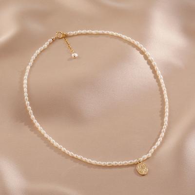 China Small Grain Rice Pearl Clavicle Chain Casual/Sporty American 14K Natural Gold Wrapped Retro Simple Temperament Pearl Necklace Single Pendant for sale