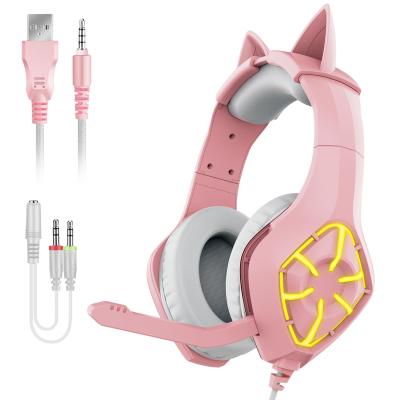 China Earphone Factory New Gaming Head-mounted Headset Wired Pink Cute Cat Ears Girl Microphone Computer Headset High Quality for sale