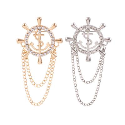 China New Stylish Jewelry Suit Brooch Badge Magazine Korean Navy Style Men's Anchor Crystal Beaded Chain Corsage Brooches Lapel Pin Brooches for sale