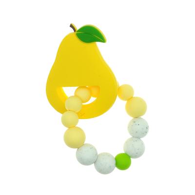 China New Baby Food Grade Silicone Teether Cartoon Pear Fruit Rattle Wristband Kids Bracelet Silicon Beads BPA Free Food Grade Teether for sale