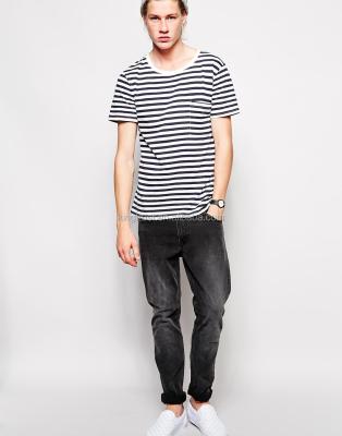 China Pure men's anti-pilling stripe t-shirt, chest pocket scoop neck striped t-shirt, pure striped men's tees for sale