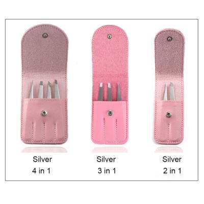 China Personalized Pink 4pcs Stainless Steel Eyebrow Tweezers Set with PU Leather Pouch (BT4004) for sale