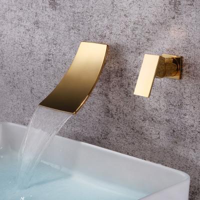 China Widespreader Faucet Gold And Chrome Mixer Tap Waterfall Basin Waterfall Hot And Cold Black Separate Wall Mounted Style Bathroom Sink Faucet for sale