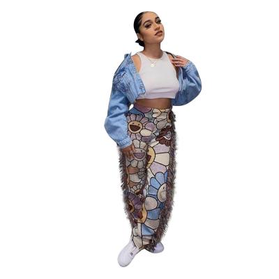 China New Anti-wrinkle Girls Pants Fashion Print High Waist Pants Women Plus Size Joggers Streetwear Pants Side Tassels Design Sweatpants Women for sale