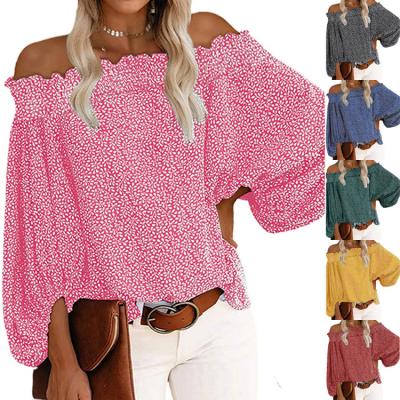 China Soft Style Anti Pilling Plus Size Women's Strapless Floral Chiffon Blouse Full Lantern Sleeve Ruffle Blouses For Casual Ladies for sale