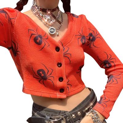 China 2021 Fashion Women's QUICK DRY Crop Tops Long Sleeve Deep V Neck Printed Cardigan Sweaters Crop Tops For Ladies for sale