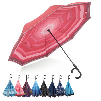 China New Design CLASSIC Automatic Narrow Wine Red Double Layer Colored Reverse Inverted Umbrella With C-shaped Handle for sale