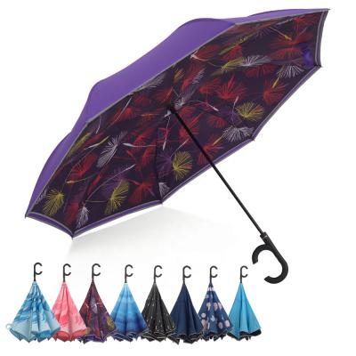 China CLASSIC Custom Purple Color Digital Printing C Handler Commercial Inverted Reversible Umbrella With C Handle for sale