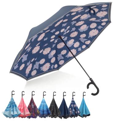 China CLASSIC C Shape Handle Digital Printing Inverted Double Inversion Self Standing Umbrella With Reflective Stripe for sale