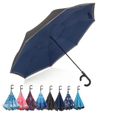 China CLASSIC Straight Inverted Reverse Logo Custom German Creative Double Customized Open Reversible Umbrella With Sleeve Pocket for sale