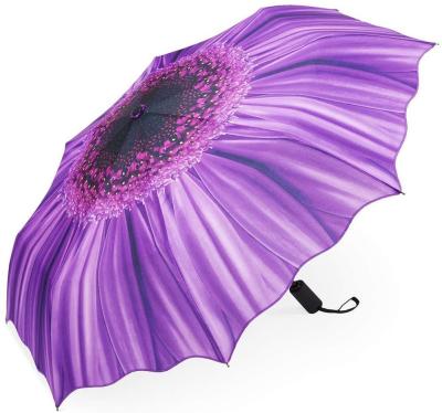 China Violet Daisy Design Reinforced Canopy Lightweight Automatic Compact Folding Auto Umbrella Windproof Travel Umbrellas Open End High Quality for sale