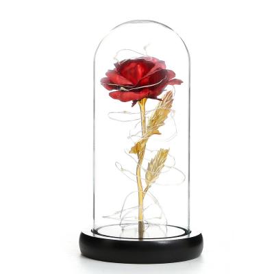 China Modern Rose Glass Cover Gold Foil Flower With LED Light Valentine's Day Christmas Gift for sale