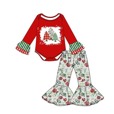 China Washable 2022 Kids Set Autumn Long Sleeve ruffled flared pants clothing Classic Christmas Kids Style for sale