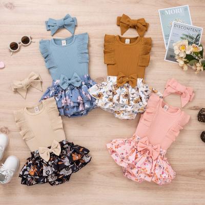 China QUICK DRY Children's children's clothing girl's pit lace fly sleeve floral skirt four-color three-piece set for sale