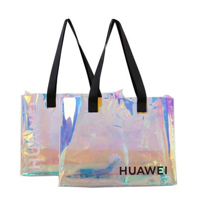 China Wholesale Clear Plastic Rainbow Hologram PVC Tote Bag Fashion Design Handle Beach Transparent Holographic Shopping Bag for sale