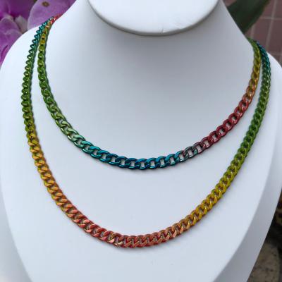 China 2021 FASHIONABLE wholesale good quality rainbow plated thin cuban link coloful rainbow short chain choker necklace for lady for sale