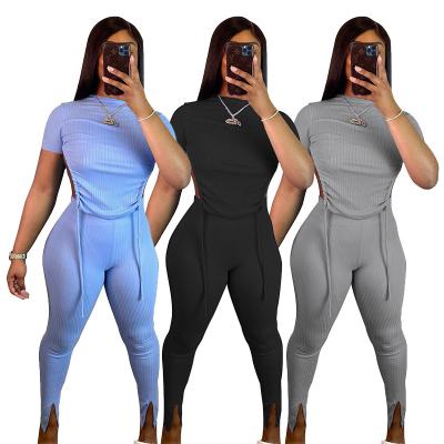 China 2021 New Arrival Breathable Female Clothing Drawstring Backless Crop Top 2 Piece Set Pants Two Piece Set for sale