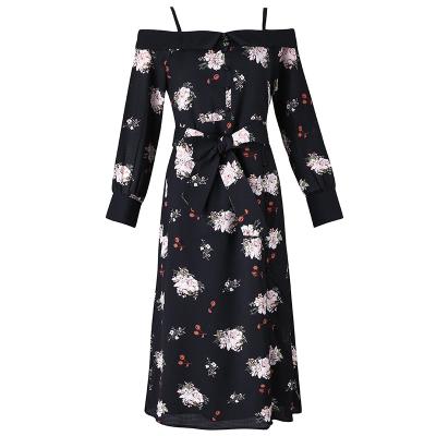 China 2022 Breathable Good Quality OEM Accept Midi Skirt Floral Casual Dress A Line Ruched Sexy Flowers Design Pleated Long Sleeve Dress Ladies for sale