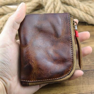 China Genuine Leather Mini Card Holder Bag Case Vintage Handmade Wallet Men Women Coin Purse Zipper Change Small Female Clip for sale