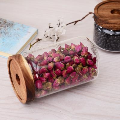 China Sustainable Acacia Wood Cover High Borosilicate Glass Tank Sealed Jars Storage Tank For Coffee Bean Tea for sale