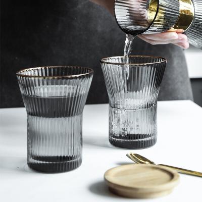 China Sustainable Transparent Gray Set of 3 Ribbed Water Glassware Jug Glasses Cup Set for sale