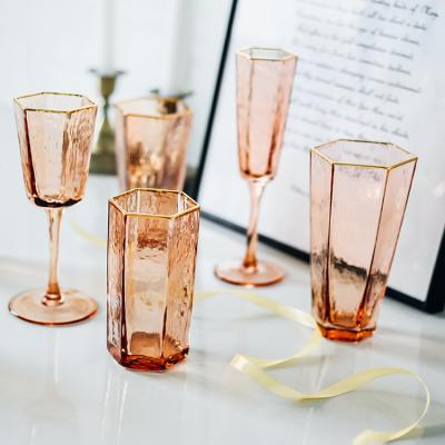 China Japandi Hot  Selling Nordic Style Lightweight Hexagonal Creative Gold Rimmed Hammer Tea Cup Glass Water Cup for sale