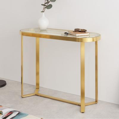 China New design living room brass furniture stainless steel brushed glass round brushed brass console table for sale