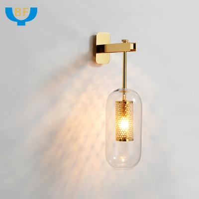 China Vintage modern popular cylinder bracket gold color light source glass wall lamp for bedroom for sale