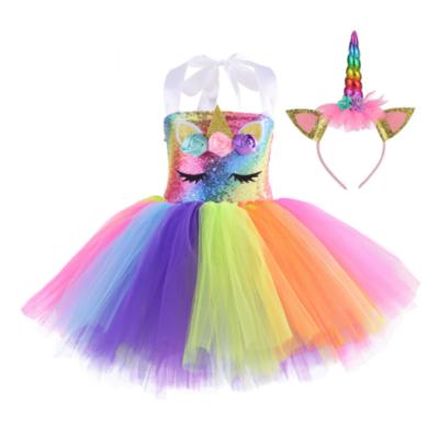 China YK2475A Breathable Cartoon Unicorn Mesh Dress Girls Halloween Princess Sequined Dress European Skirt Children for sale