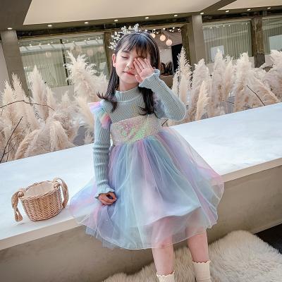 China YK2444A breathable autumn and winter girls plus velvet children's dress kids mesh sequin dress fashion kids clothes for sale