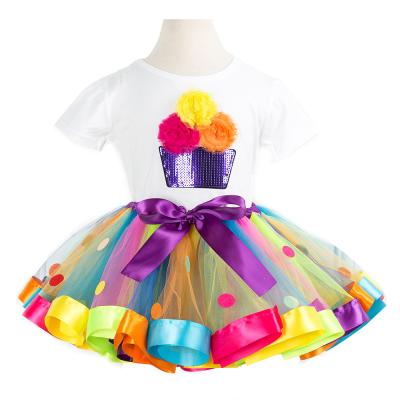 China Two-piece short-sleeved sui children's tutu skirt costume T-shirt + rainbow cotton girls' clothing comfortable European children YK2027A for sale