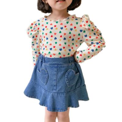 China YK0035A Breathable Girls Love Denim Skirt Baby Denim Pocket Skirt Fashion Children Clothing for sale