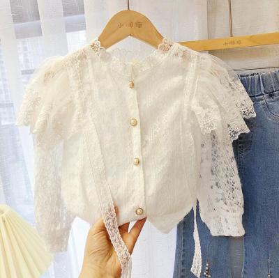 China YK0648A Girls V-Neck Lace Shirt Baby Children's Breathable Cavity Bubble Cardigan Long Sleeve Shirts for sale