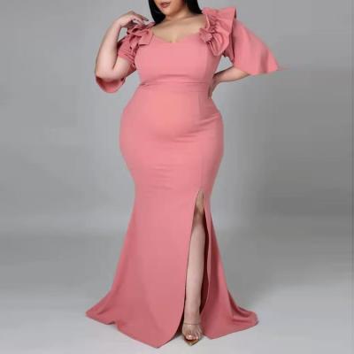 China YK2372A Breathable Plus Size Women's Dress Temperament Commuter Pink Fishtail Dress European Solid Color Long Split Dress for sale