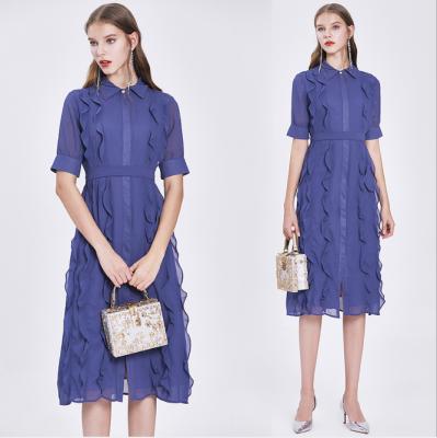 China XL0300A1 Breathable Women's Short Sleeve Ruffled Chiffon Shirt Skirt Mid Length Dress for sale